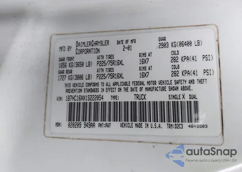 2001 Dodge Ram 1500 St/Ws z USA, uszkodzony, nr VIN 1B7HC16XX1S222054